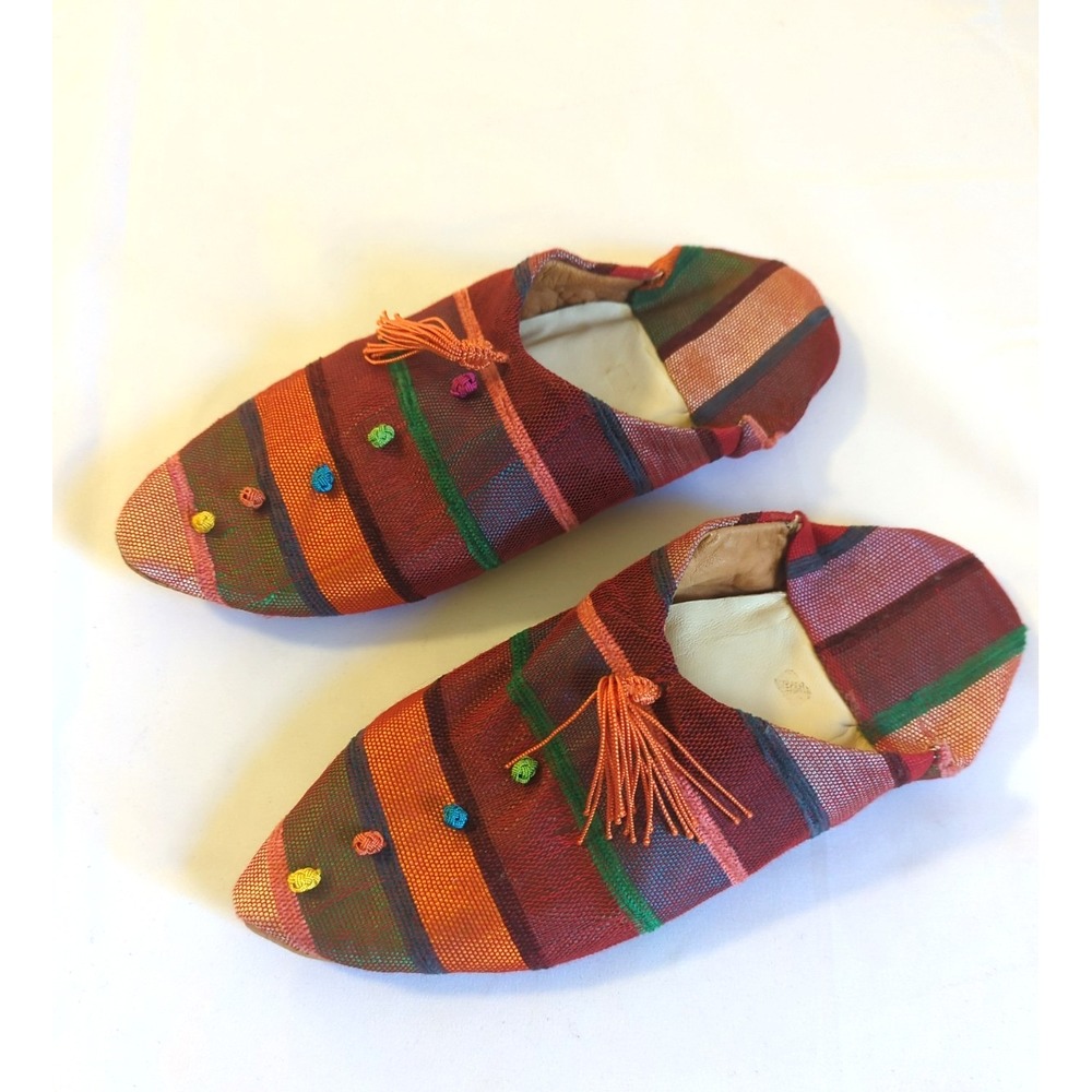 NWOT Moroccan Babouche Slippers 39 US 8.5 Leather Lined & Sole Woven Stripe